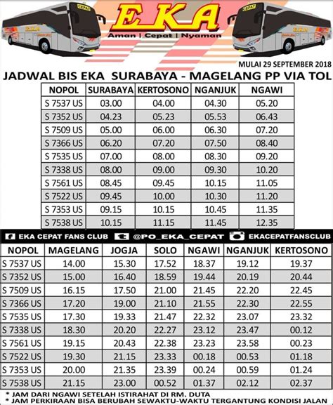 jadwal bus eka solo surabaya com membantu Anda dalam memperkirakan informasi tarif dan jadwal bus, namun TIDAK ADA JAMINAN ketepatan informasi jadwal,tarif maupun informasi lainnya